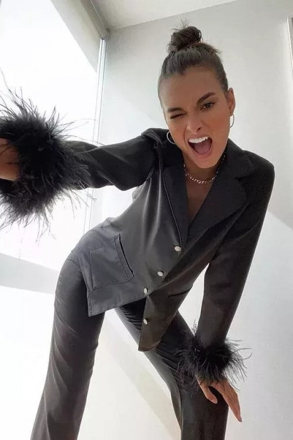 Noir Fur Satin Pajama Set