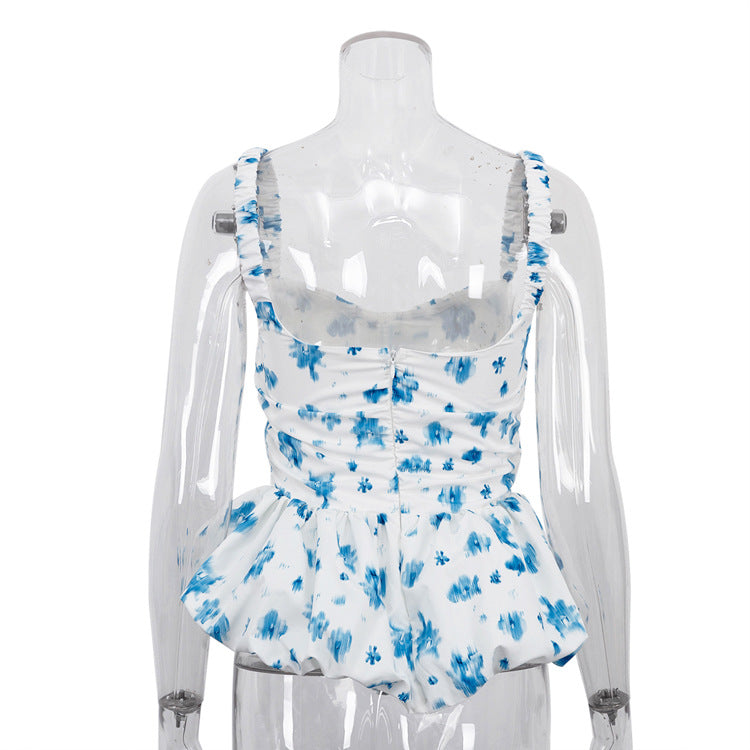 Santorini Blue Floral Peplum Top