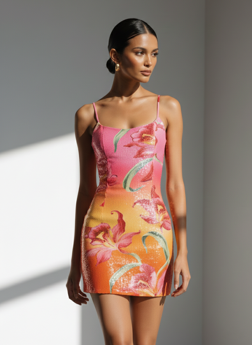 Sunset Bloom Sequin Mini Dress