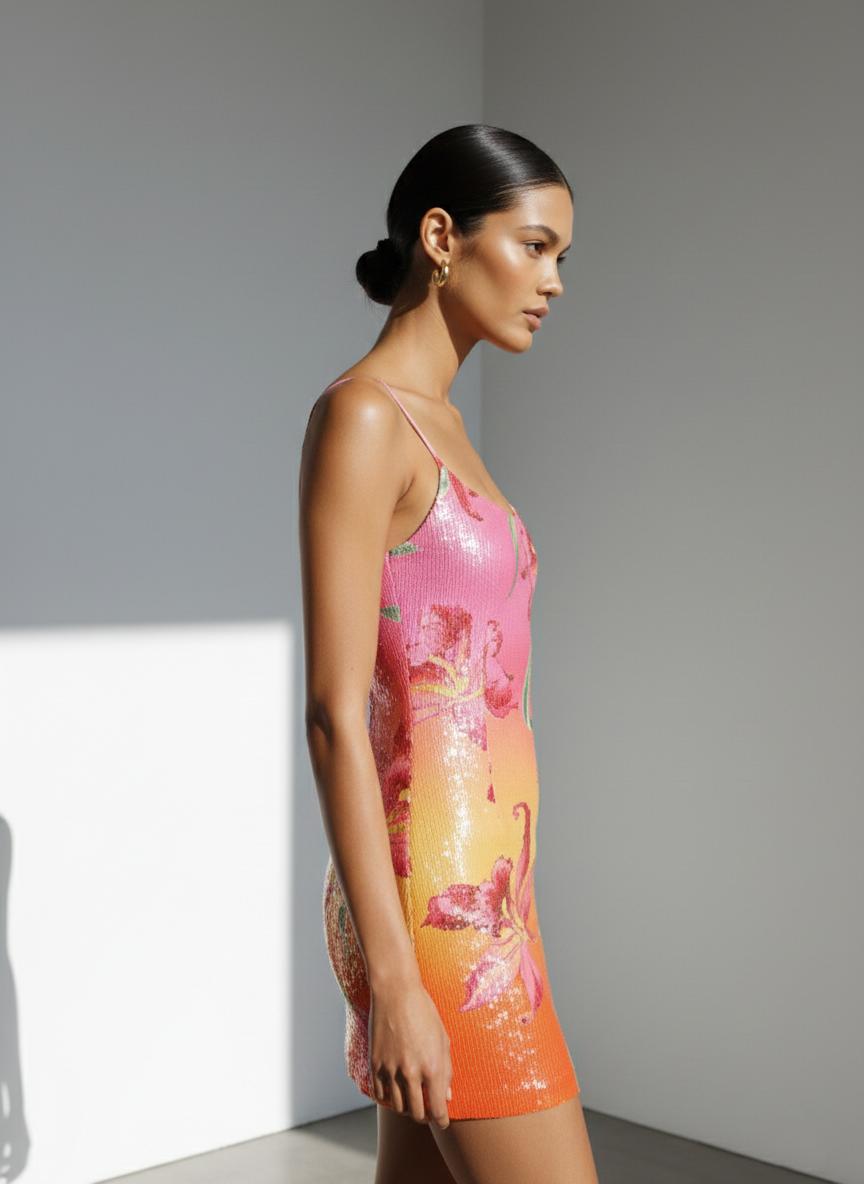 Sunset Bloom Sequin Mini Dress