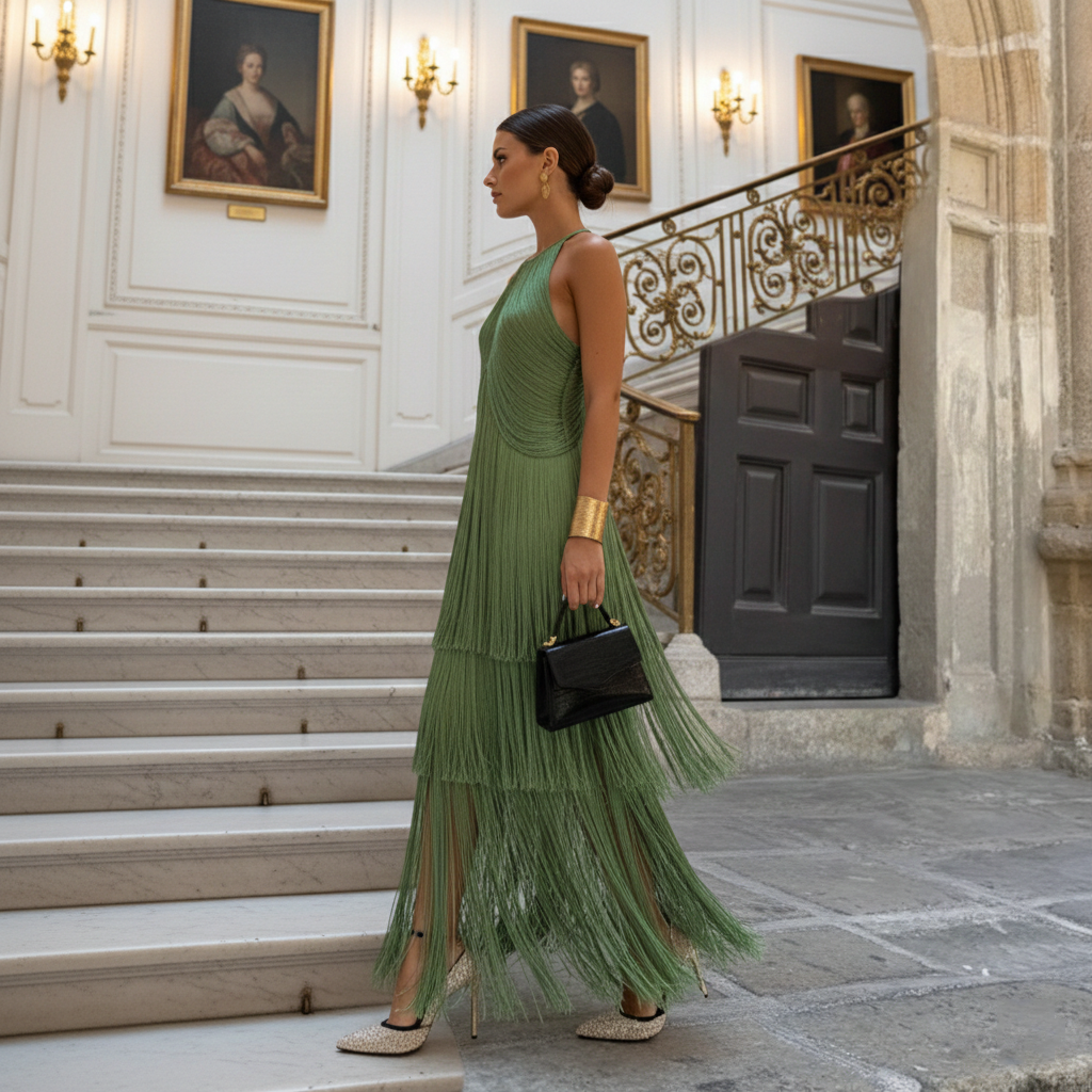 Emerald Cascade Fringe Dress