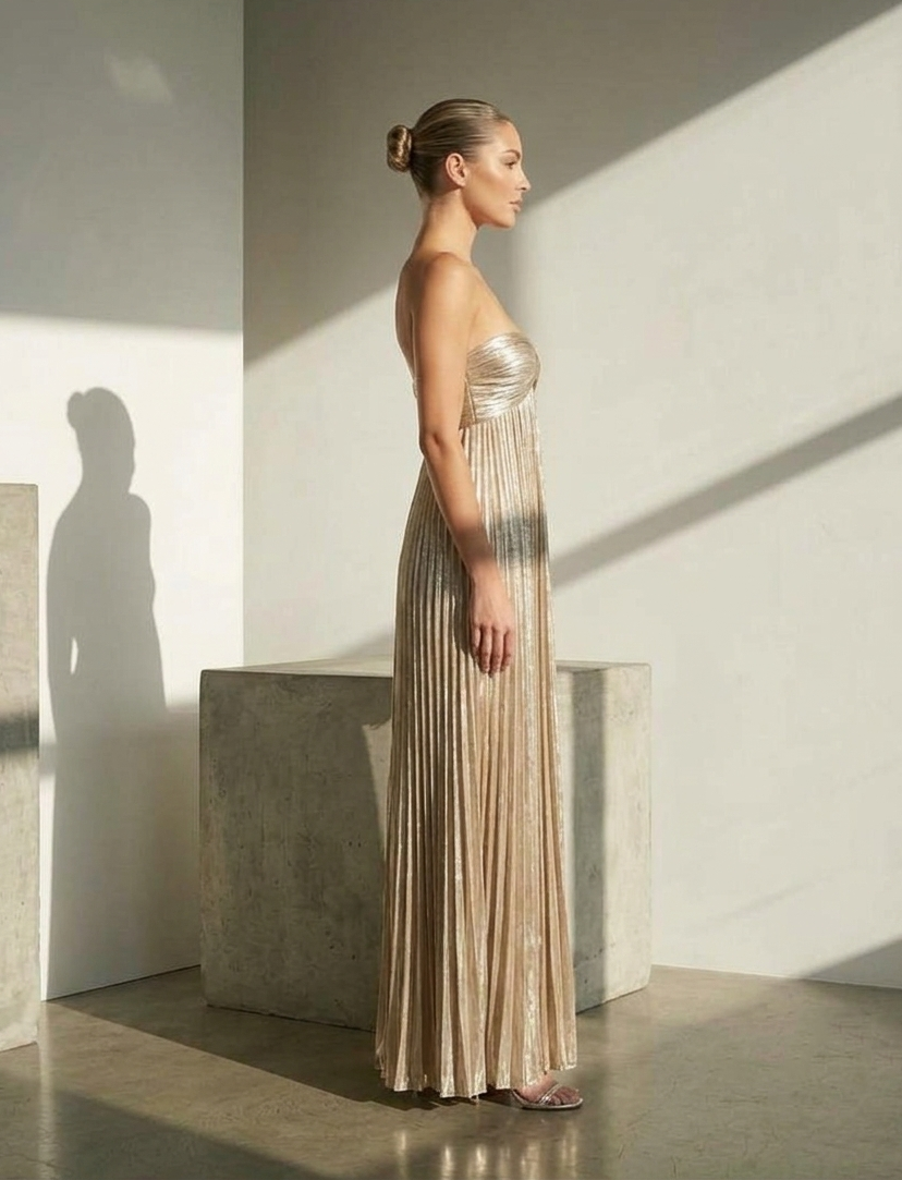 Champagne Metallic Pleated Gown