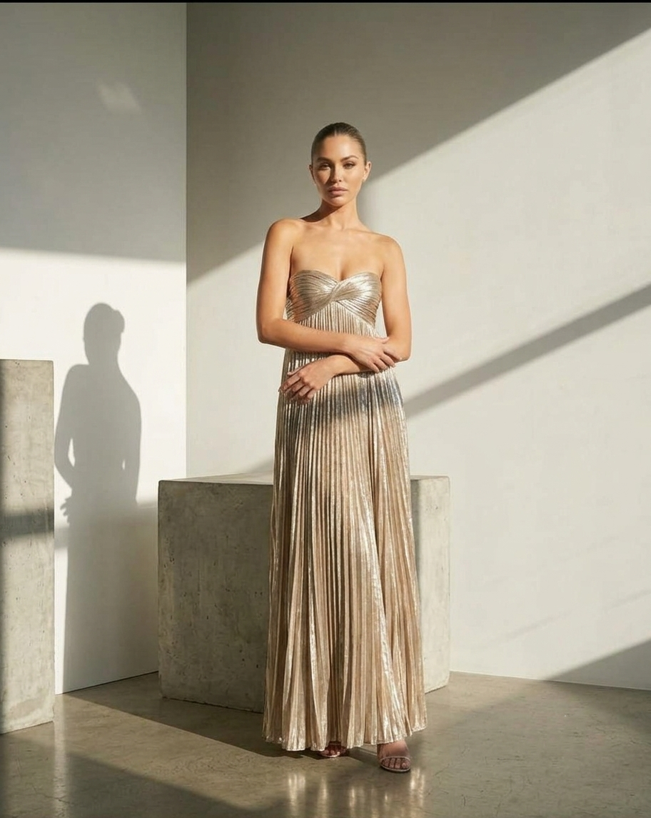 Champagne Metallic Pleated Gown