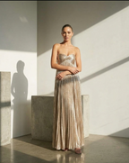 Champagne Metallic Pleated Gown