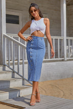 Buttoned Denim Slit Skirt