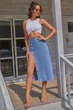 Buttoned Denim Slit Skirt