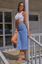 Buttoned Denim Slit Skirt