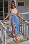 Buttoned Denim Slit Skirt