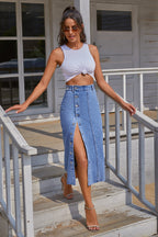 Buttoned Denim Slit Skirt