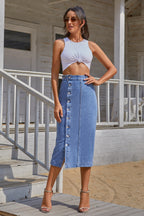 Buttoned Denim Slit Skirt