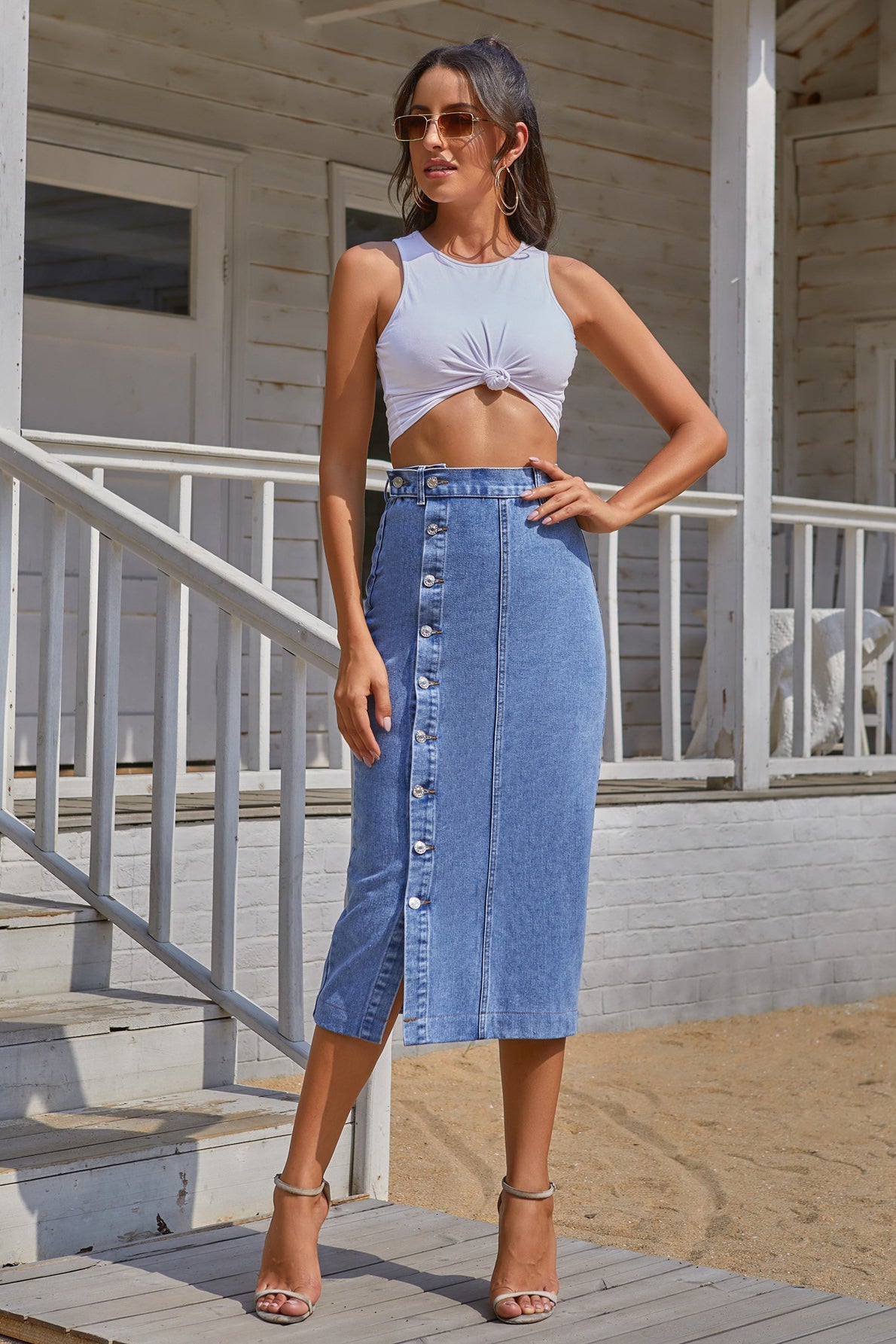 Buttoned Denim Slit Skirt
