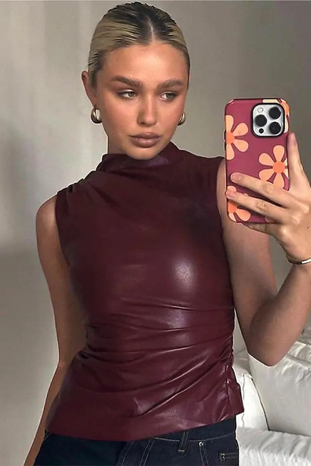 Wine Faux Leather Top