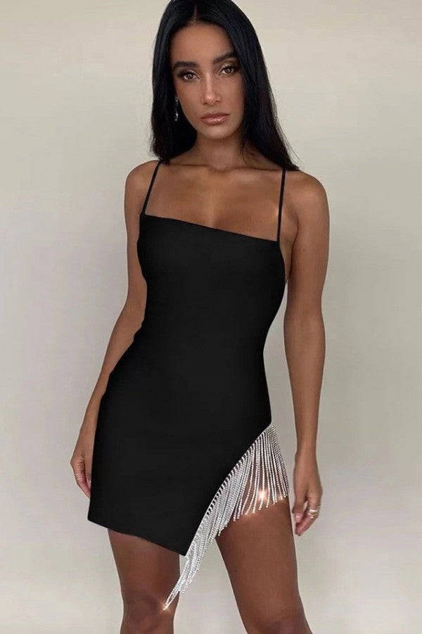 Rhinestone Tassel Little Black Dress