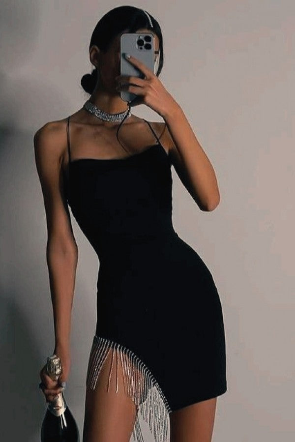 Rhinestone Tassel Little Black Dress