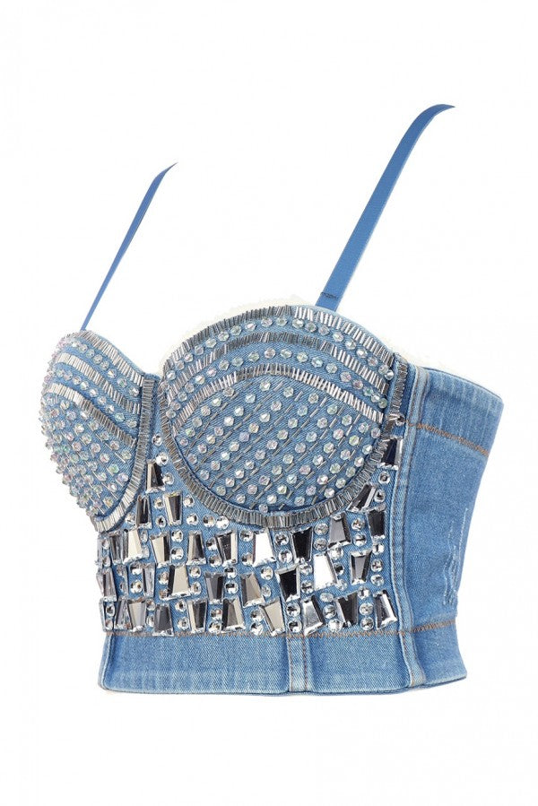 Rhinestone Denim Bustier Top