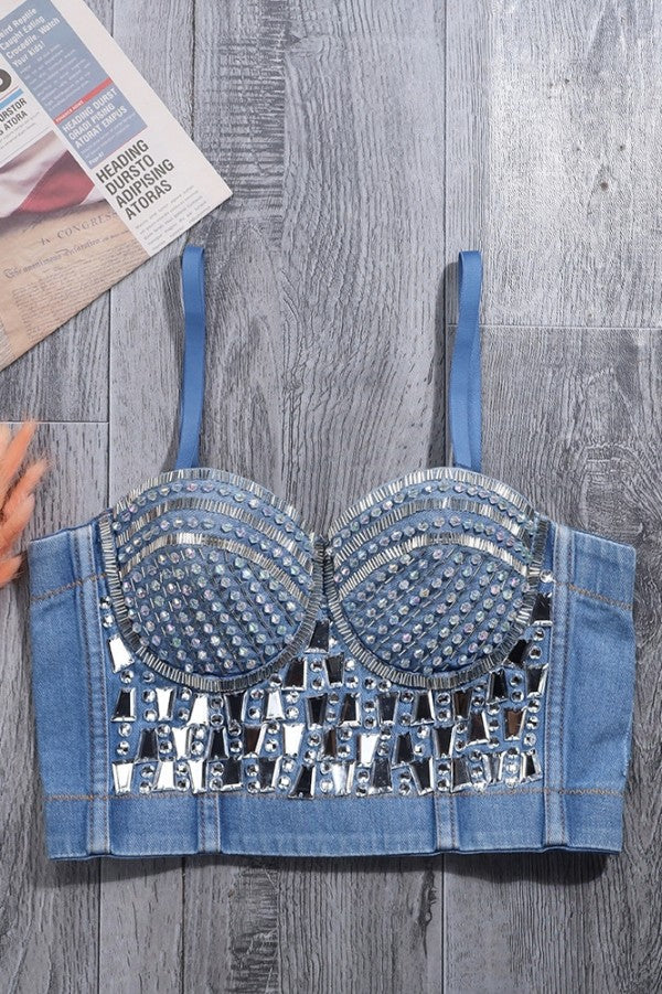 Rhinestone Denim Bustier Top