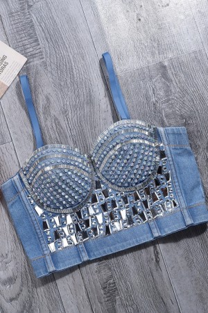 Rhinestone Denim Bustier Top