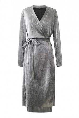 Metallic Silver Wrap Dress